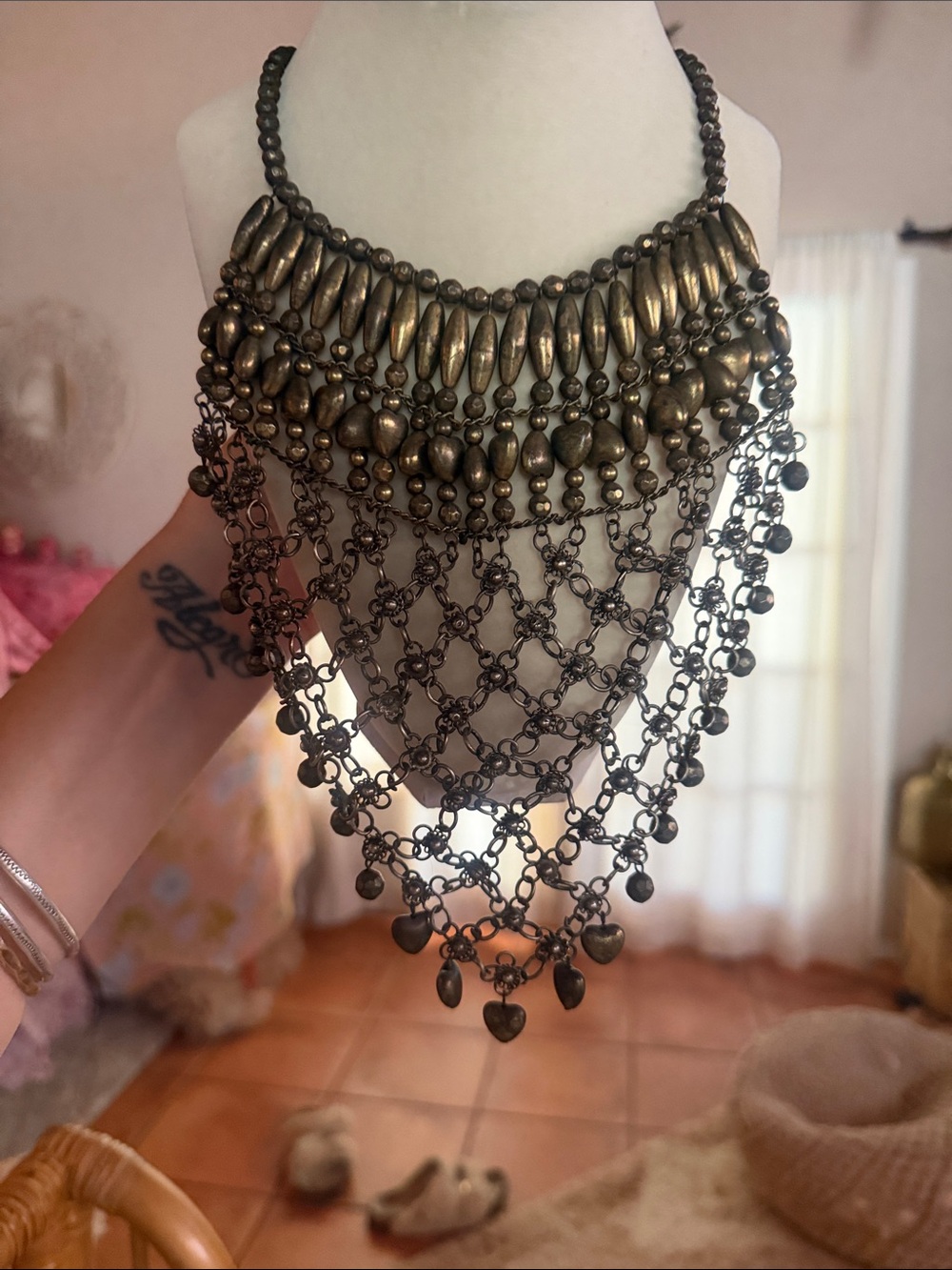 Statement Antique-gold Bib mesh heart Necklace Vtg free people tribal